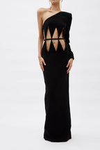 MONOT Black One Shoulder Diamond Cut Out Evening Black Dress Gown - House Of Huntington