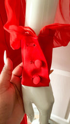 LANVIN Red Sheer Sleeve Drape Detail Long Gown