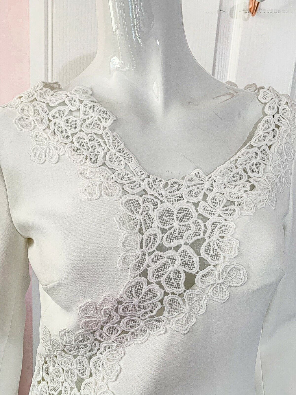 DAVID KOMA White Crepe Lace Macrame Trim Dress - House Of Huntington