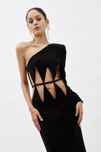 MONOT Black One Shoulder Diamond Cut Out Evening Black Dress Gown - House Of Huntington