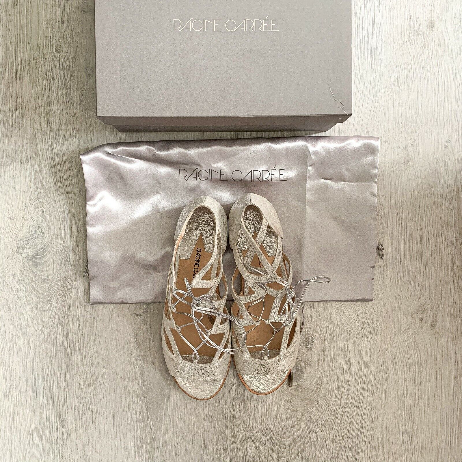 RACINE CARRÉE Silver Cut Out Lace Strappy Sandals Flats - House Of Huntington