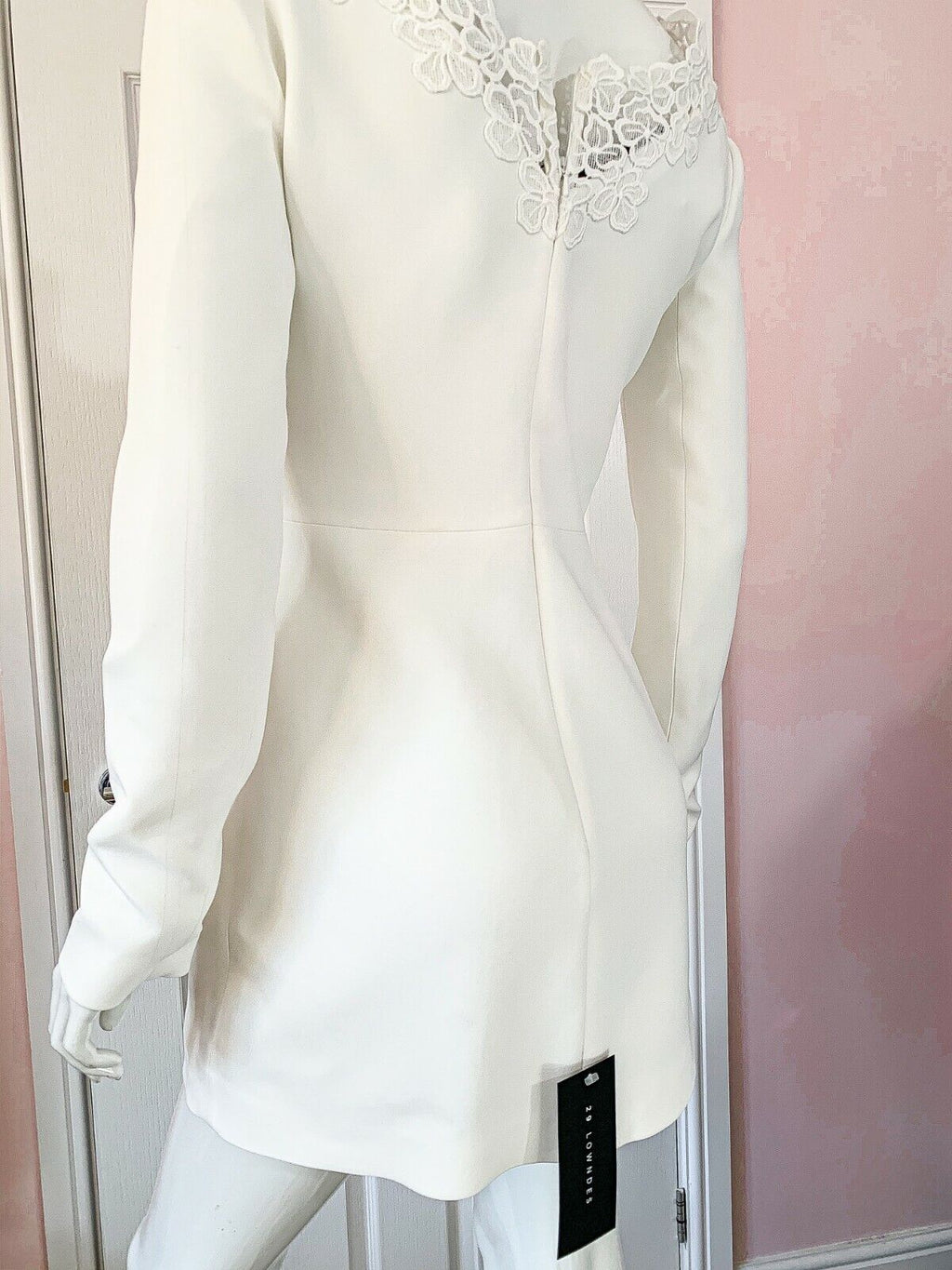 DAVID KOMA White Crepe Lace Macrame Trim Dress - House Of Huntington