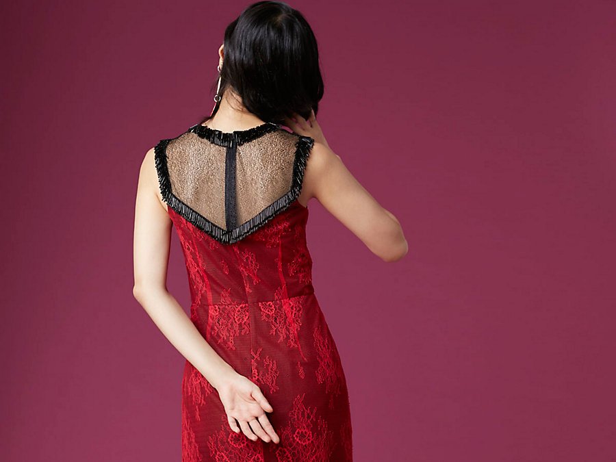 Diane Von Furstenberg DVF Red Floral Beaded Lace Dress - House Of Huntington