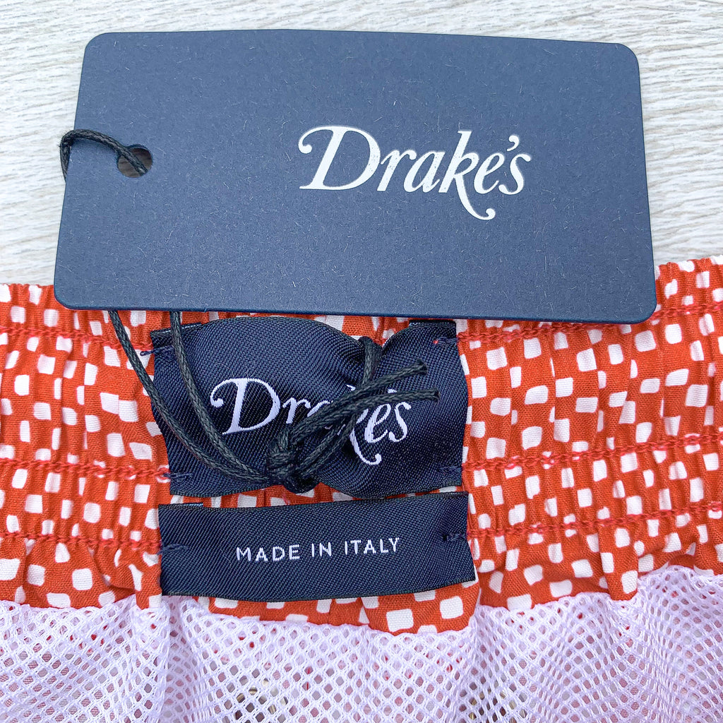 Drake's Coral Pink Swim Shorts In Check Print - House Of Huntington