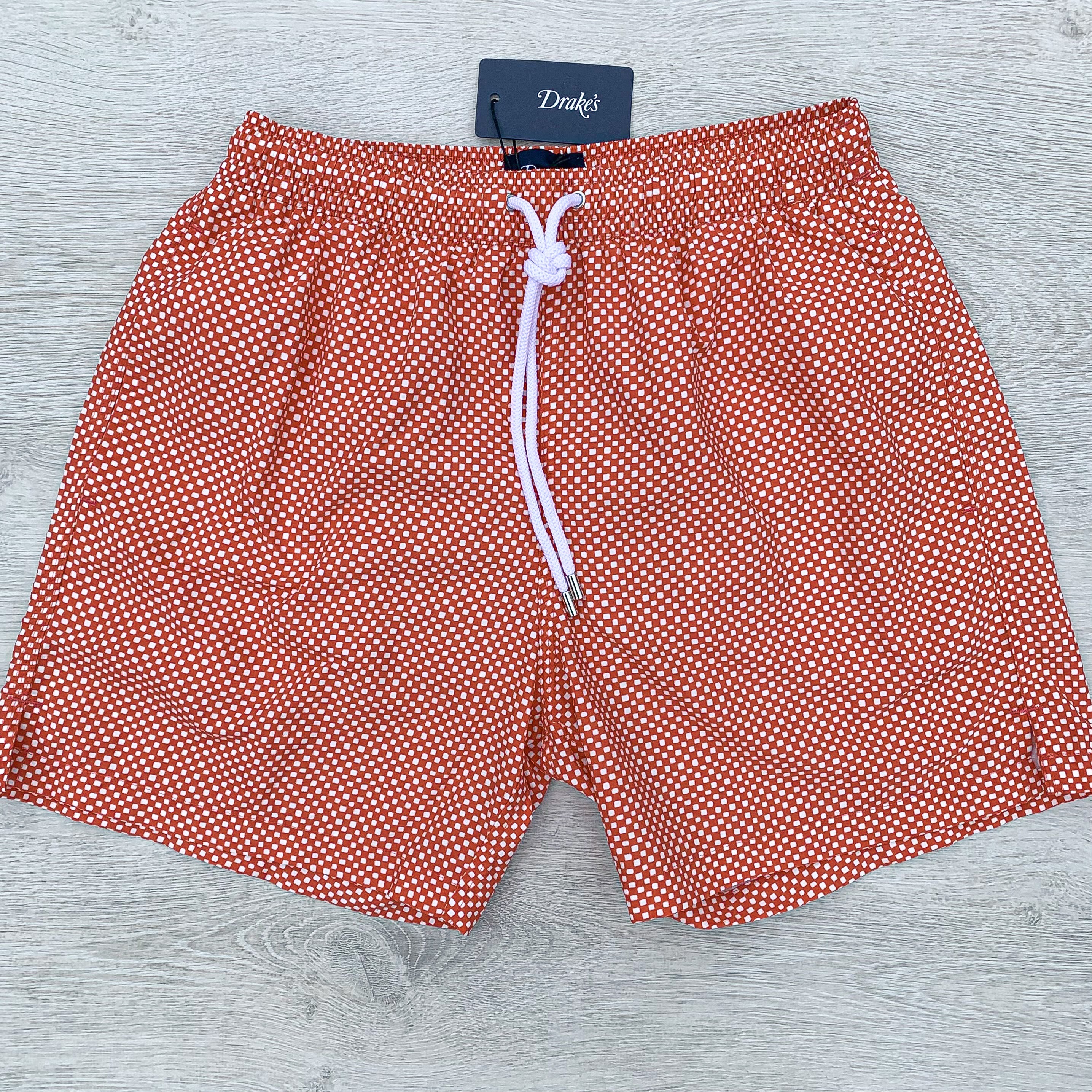 Drake's Coral Pink Swim Shorts In Check Print - House Of Huntington