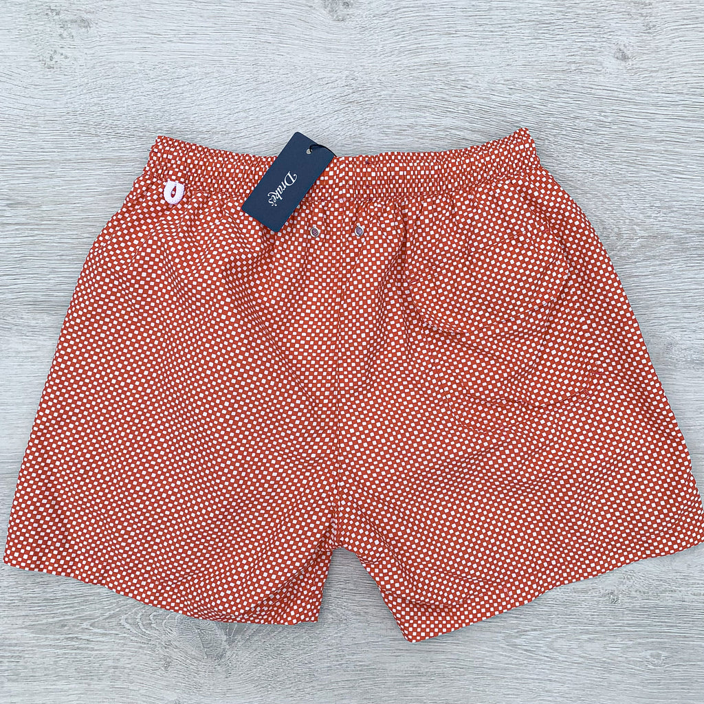 Drake's Coral Pink Swim Shorts In Check Print - House Of Huntington