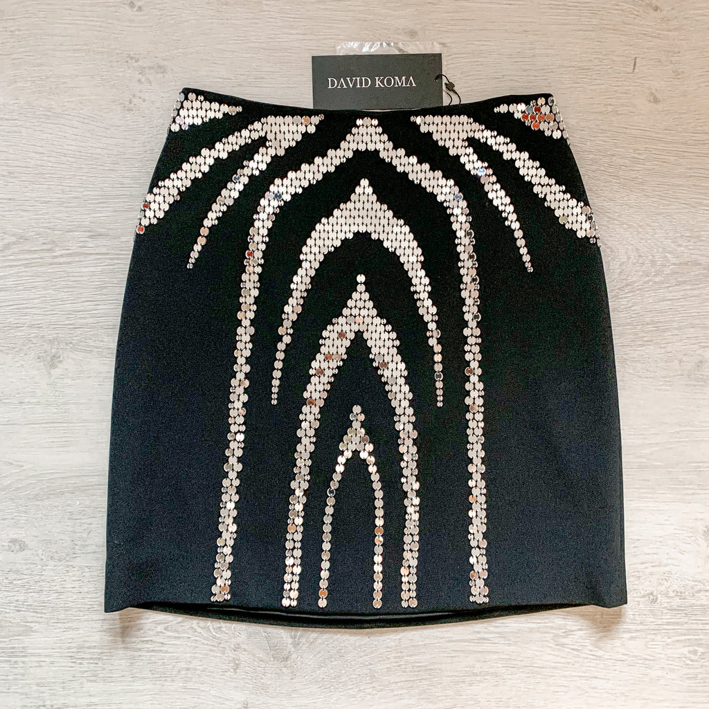 DAVID KOMA Perspex Sequin Zebra Motif Mini Black Skirt - House Of Huntington