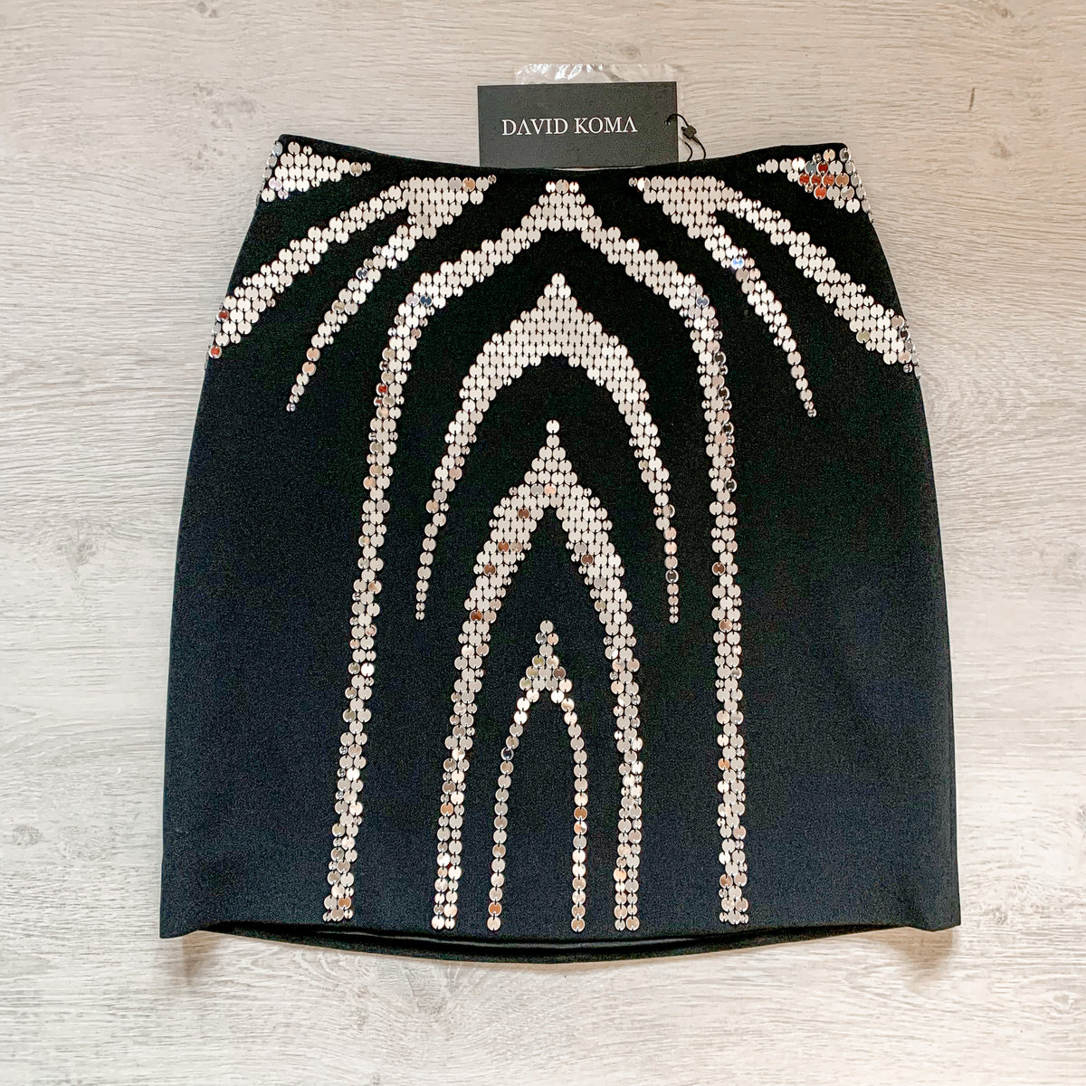 DAVID KOMA Perspex Sequin Zebra Motif Mini Black Skirt