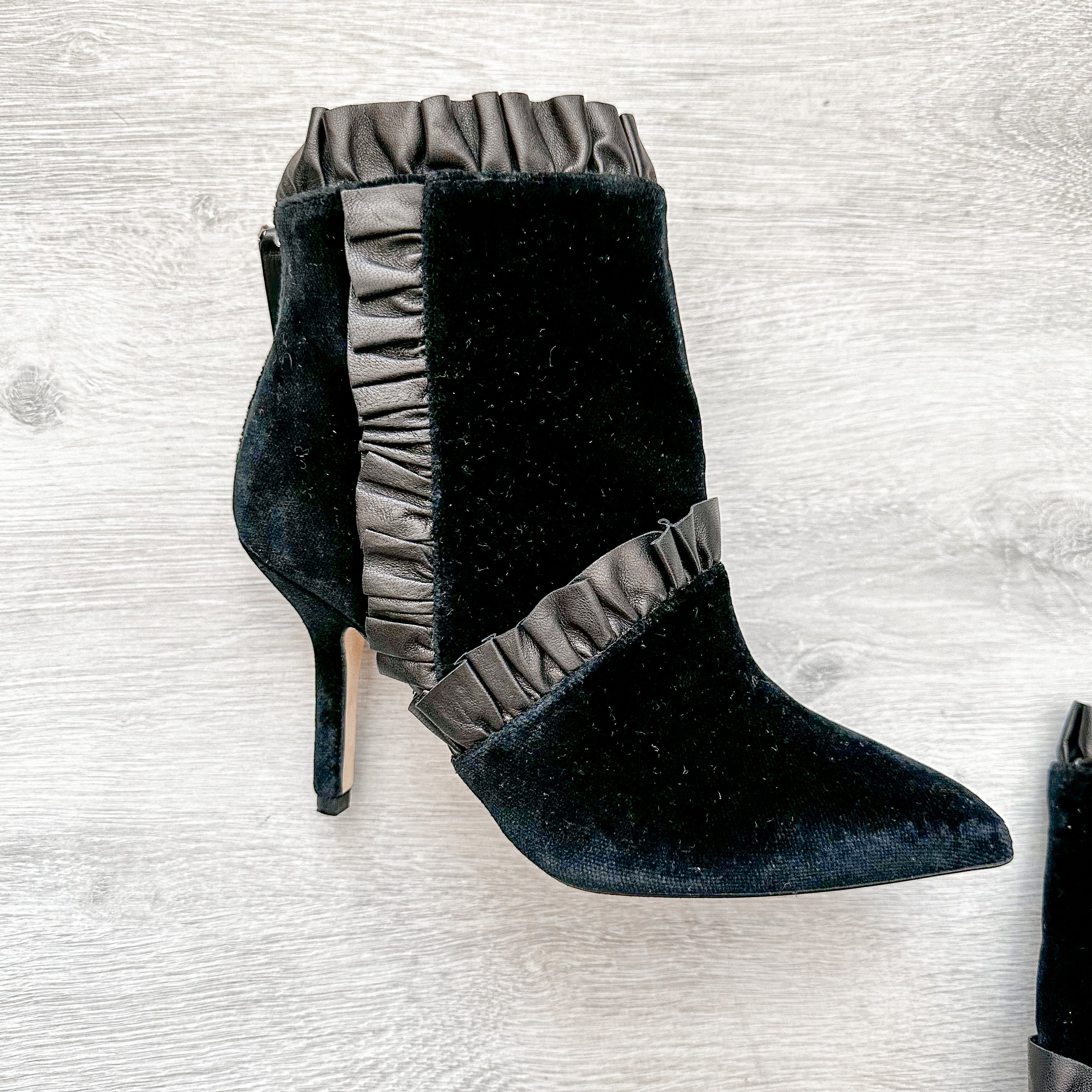 Christopher Kane Black Velvet Leather Trim Detail Ankle High Heels Booties - House Of Huntington