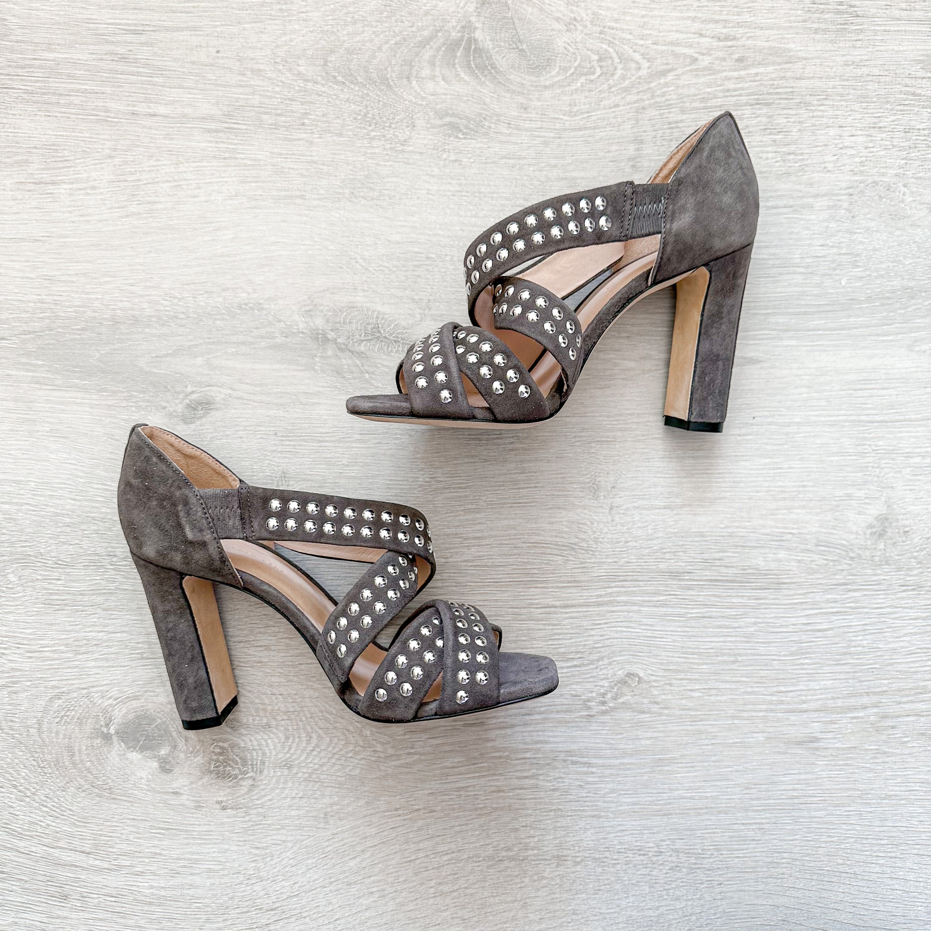Christopher Kane Hotfix Grey Studded Strappy Embellished Block High Heels - House Of Huntington