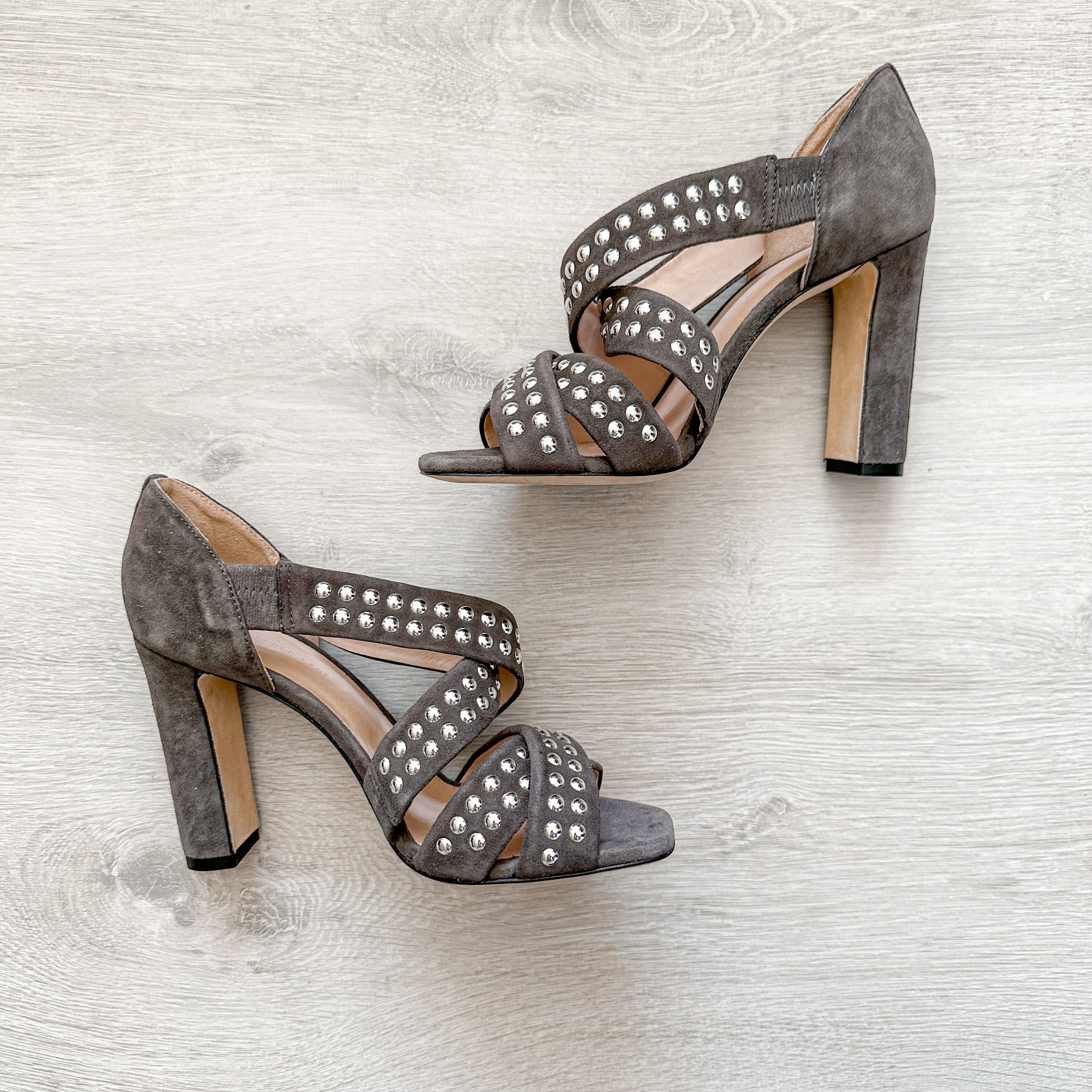 Christopher Kane Hotfix Grey Studded Strappy Embellished Block High Heels - House Of Huntington