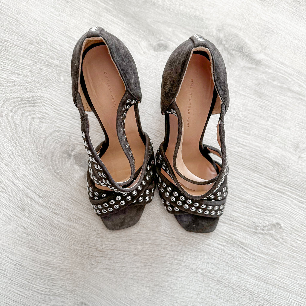 Christopher Kane Hotfix Grey Studded Strappy Embellished Block High Heels - House Of Huntington
