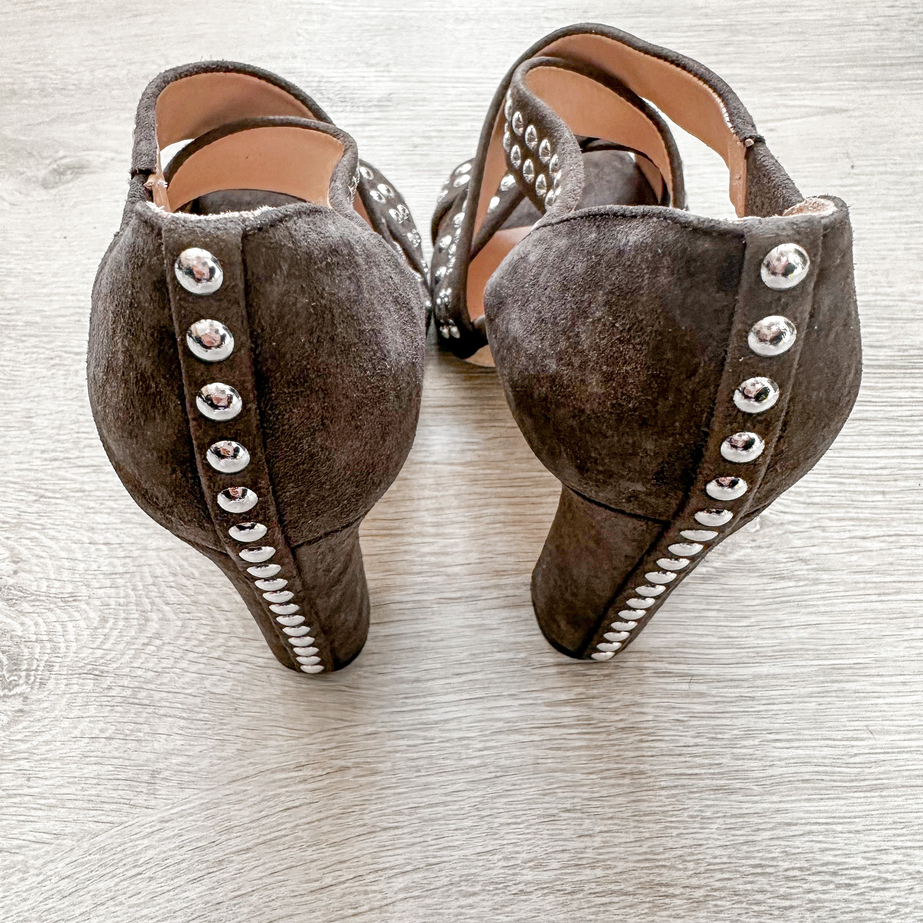 Christopher Kane Hotfix Grey Studded Strappy Embellished Block High Heels - House Of Huntington