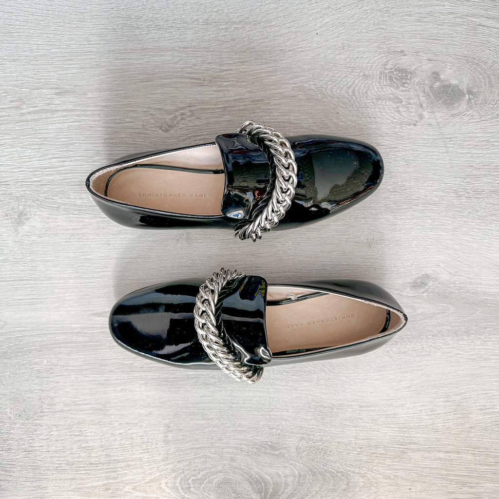 Christopher Kane Black Patent Leather Chain Strap Loafers Shoes - House Of Huntington