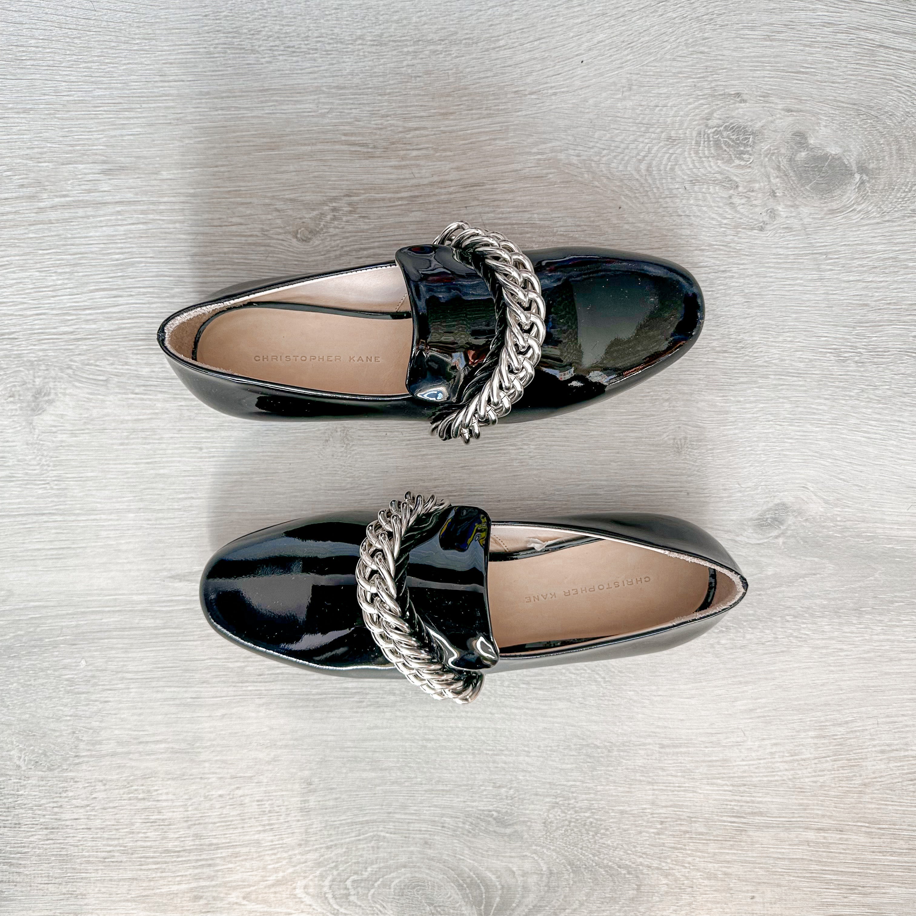 Christopher Kane Black Patent Leather Chain Strap Loafers Shoes - House Of Huntington