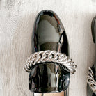 Christopher Kane Black Patent Leather Chain Strap Loafers Shoes - House Of Huntington