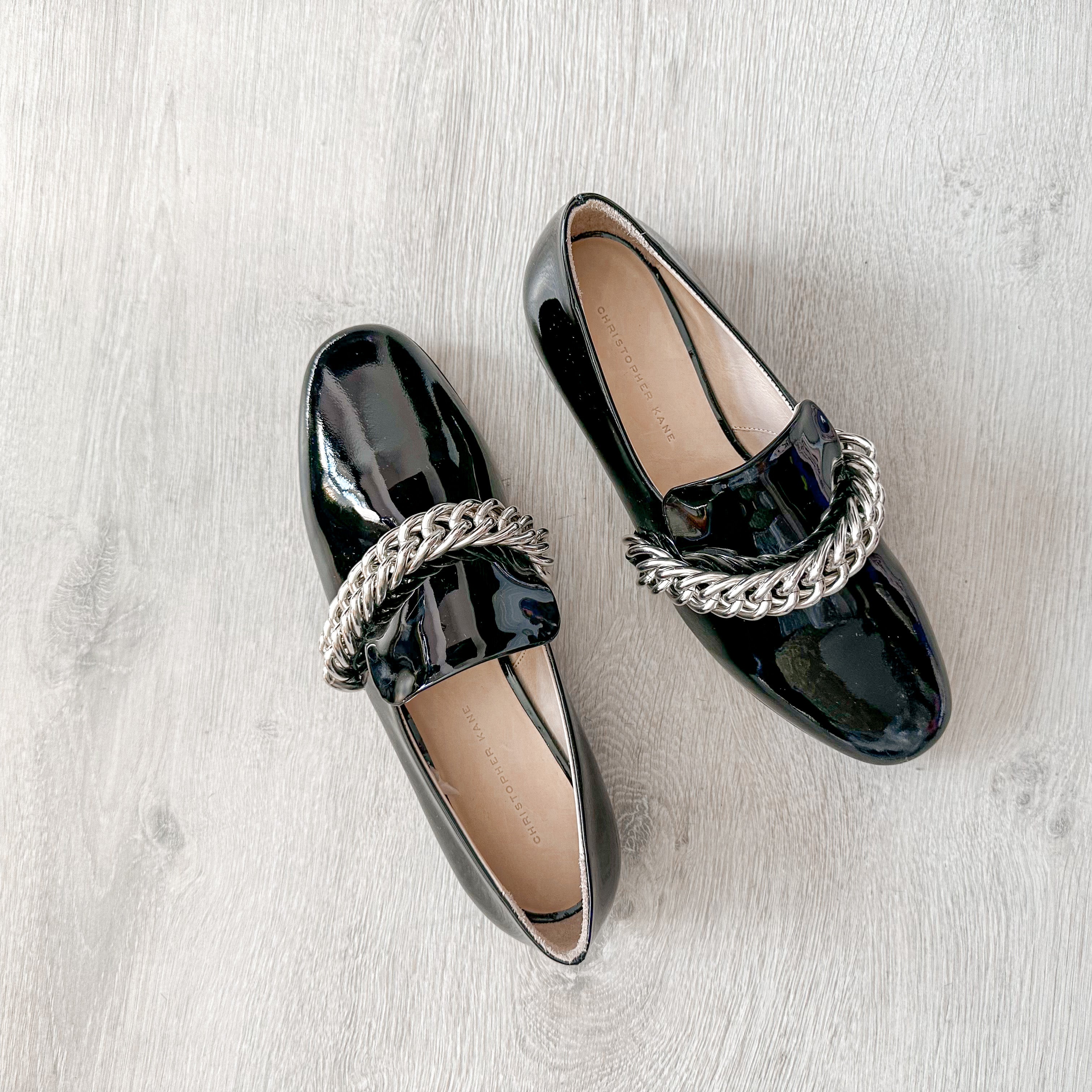 Christopher Kane Black Patent Leather Chain Strap Loafers Shoes - House Of Huntington