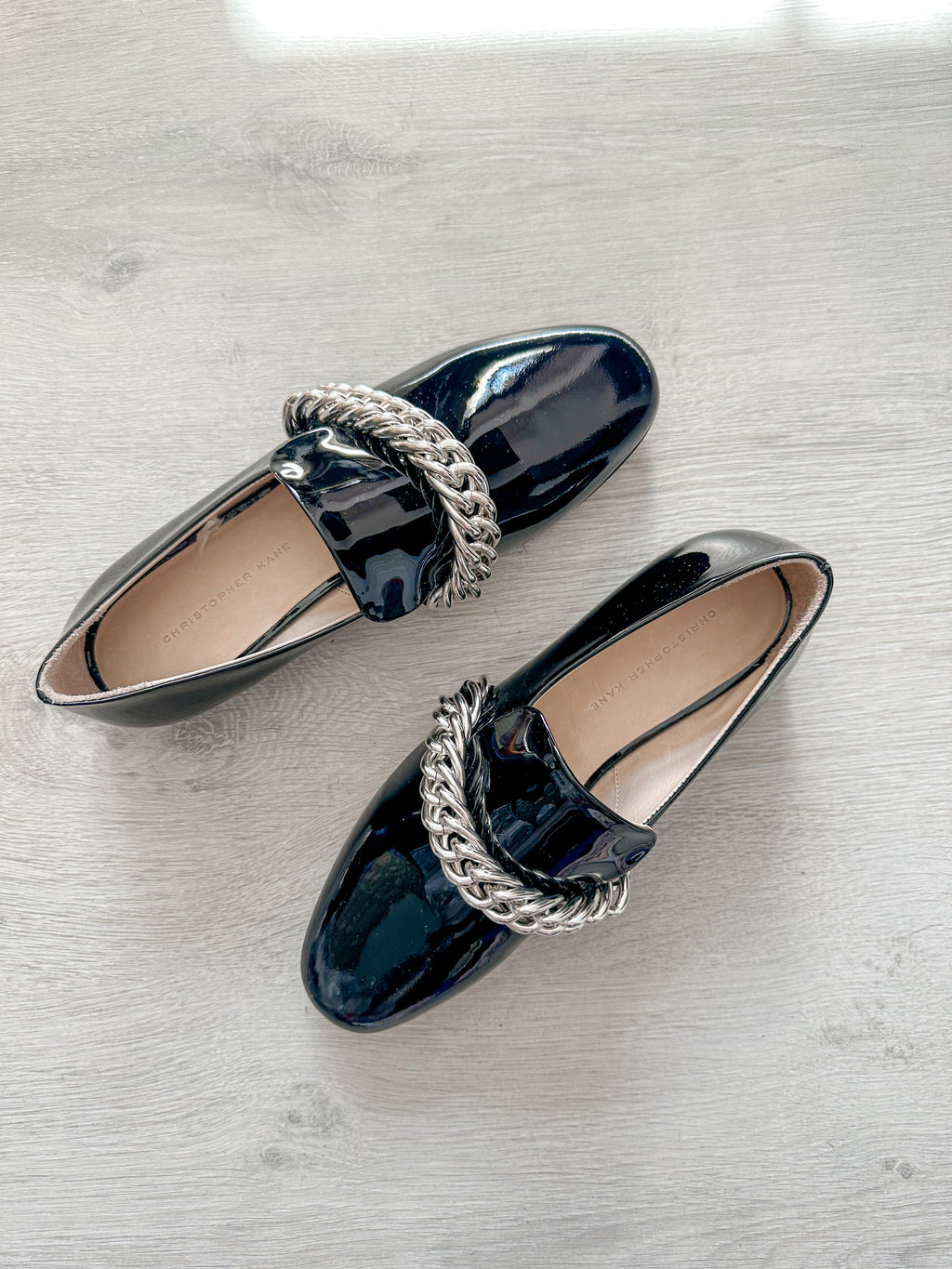 Christopher Kane Black Patent Leather Chain Strap Loafers Shoes - House Of Huntington