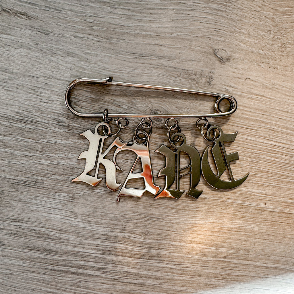 Christopher Kane Name Silver Safety Pin Lapel Pin - House Of Huntington