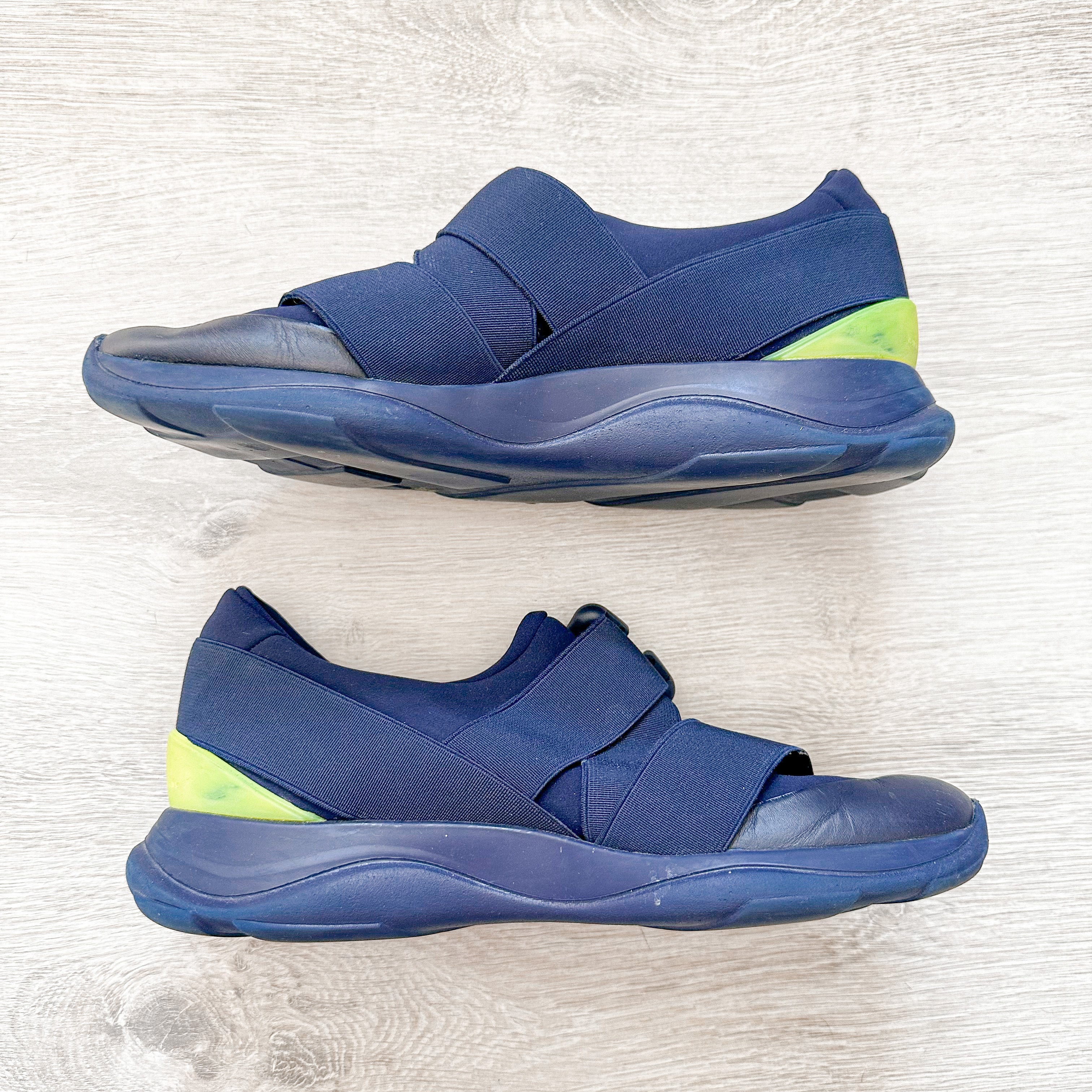 Christopher Kane Blue with Neon Green Safety Buckle Low Top Trainers Sneakers - House Of Huntington