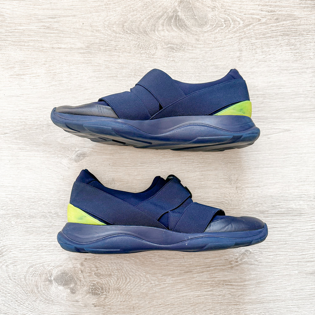 Christopher Kane Blue with Neon Green Safety Buckle Low Top Trainers Sneakers - House Of Huntington