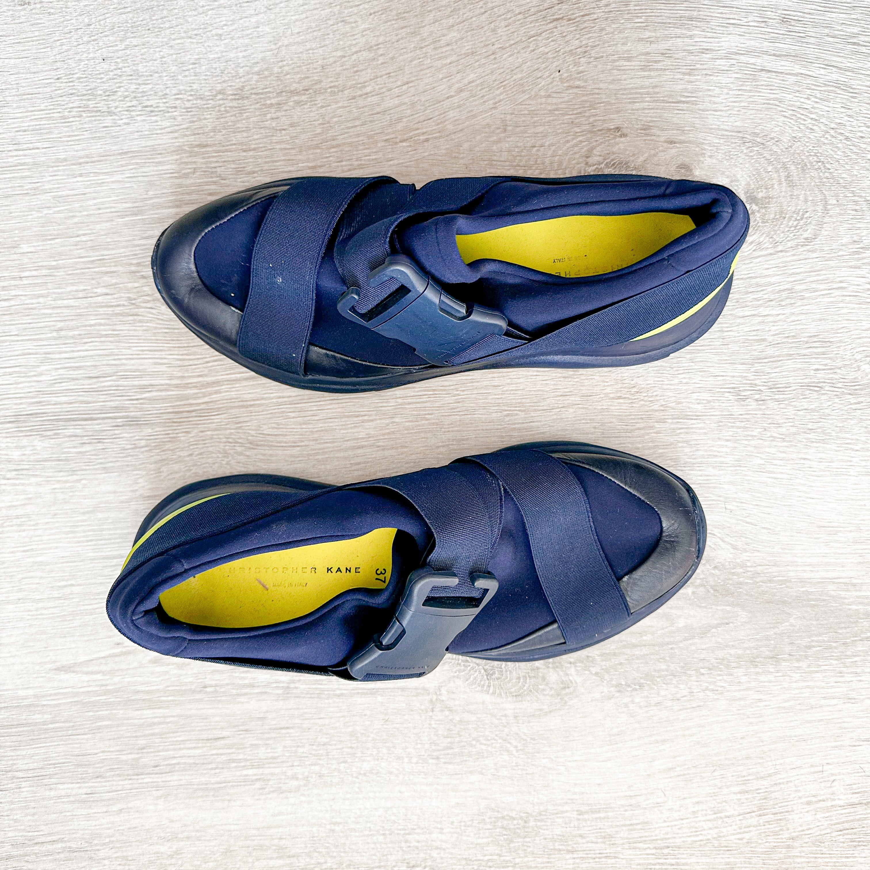 Christopher Kane Blue with Neon Green Safety Buckle Low Top Trainers Sneakers - House Of Huntington