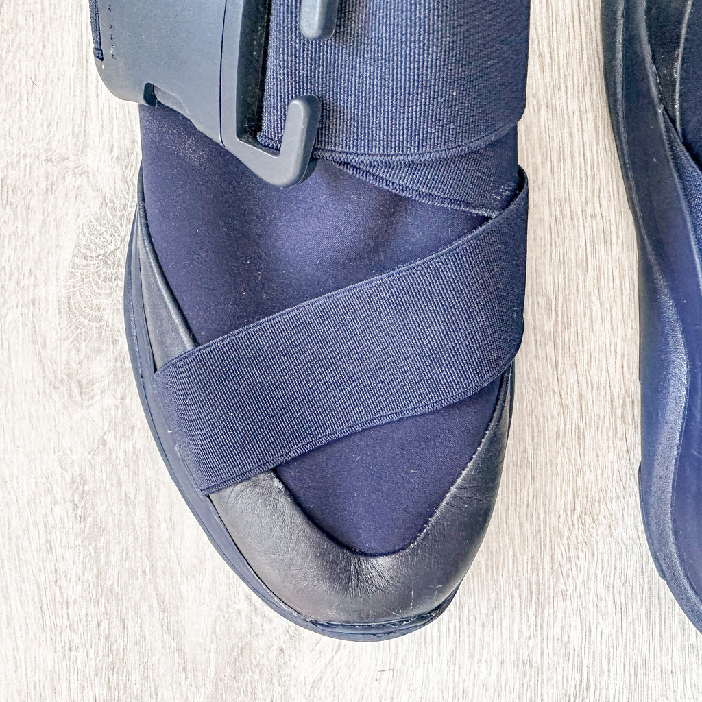 Christopher Kane Blue with Neon Green Safety Buckle Low Top Trainers Sneakers - House Of Huntington