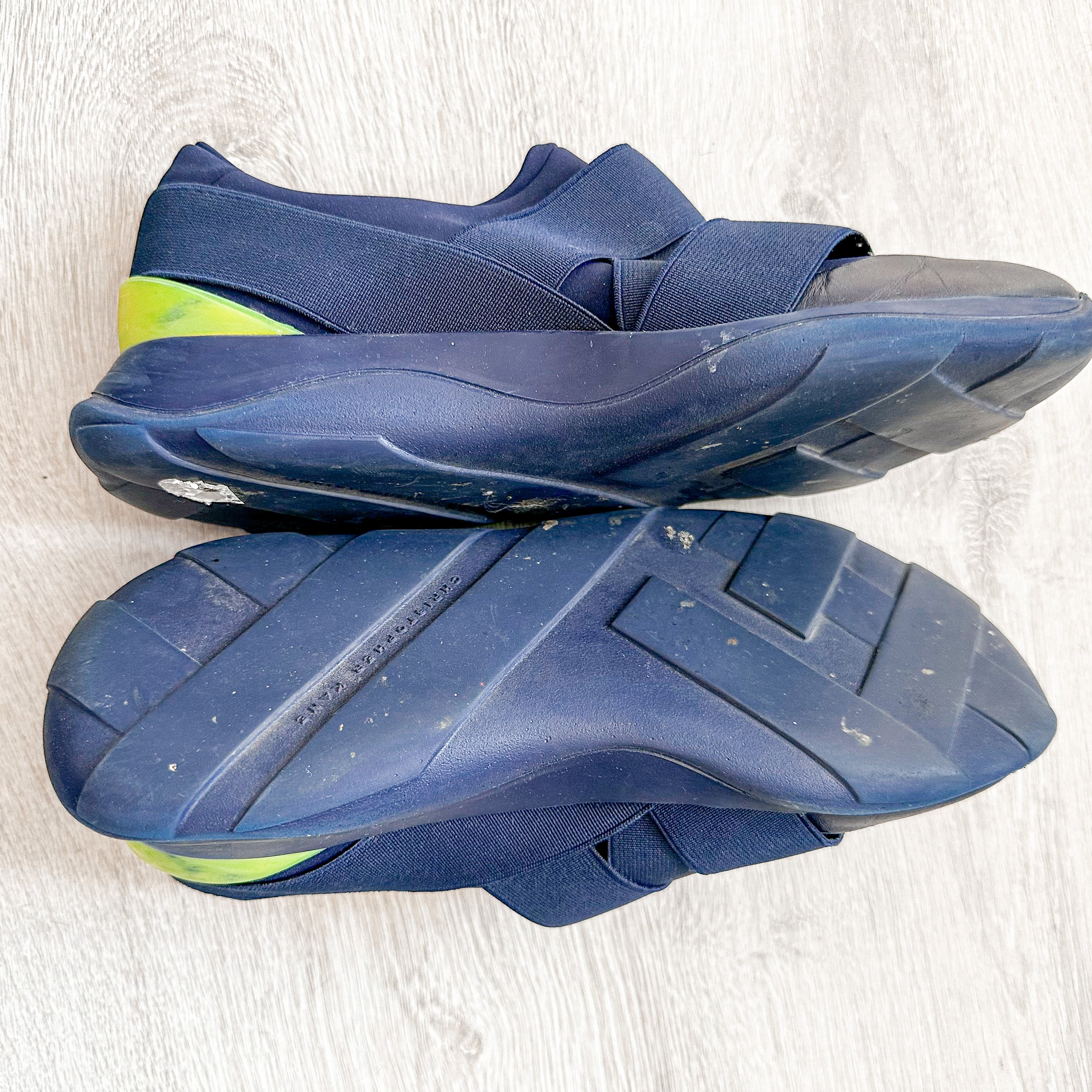 Christopher Kane Blue with Neon Green Safety Buckle Low Top Trainers Sneakers - House Of Huntington