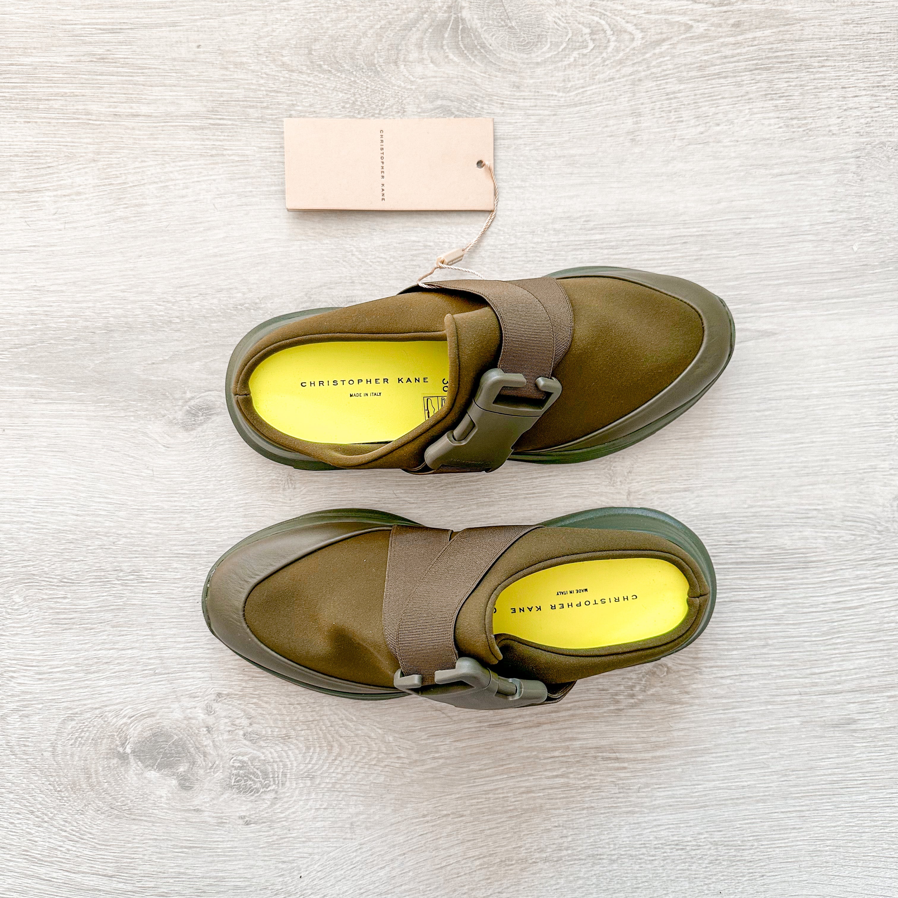 Christopher Kane Khaki Green Safety Buckle Trainers Sneakers Slides - House Of Huntington