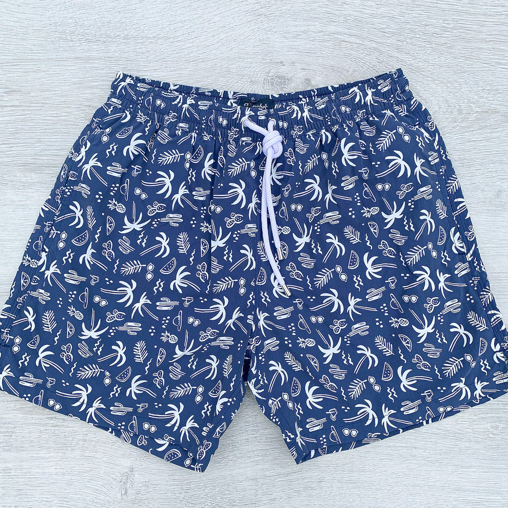 Drake's Navy Swim Shorts With White Palm Tree Holiday Print - House Of Huntington