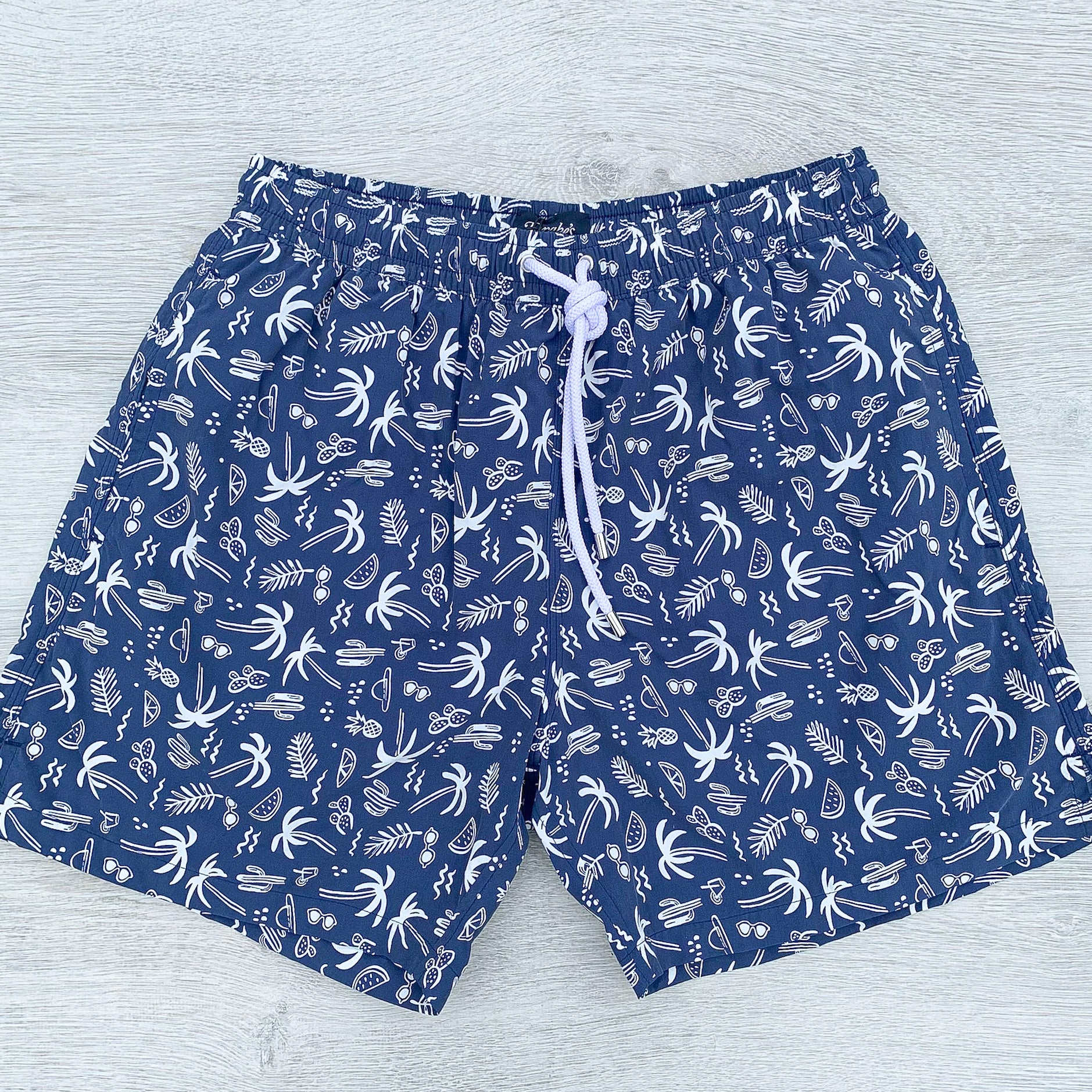 Drake's Navy Swim Shorts With White Palm Tree Holiday Print - House Of Huntington