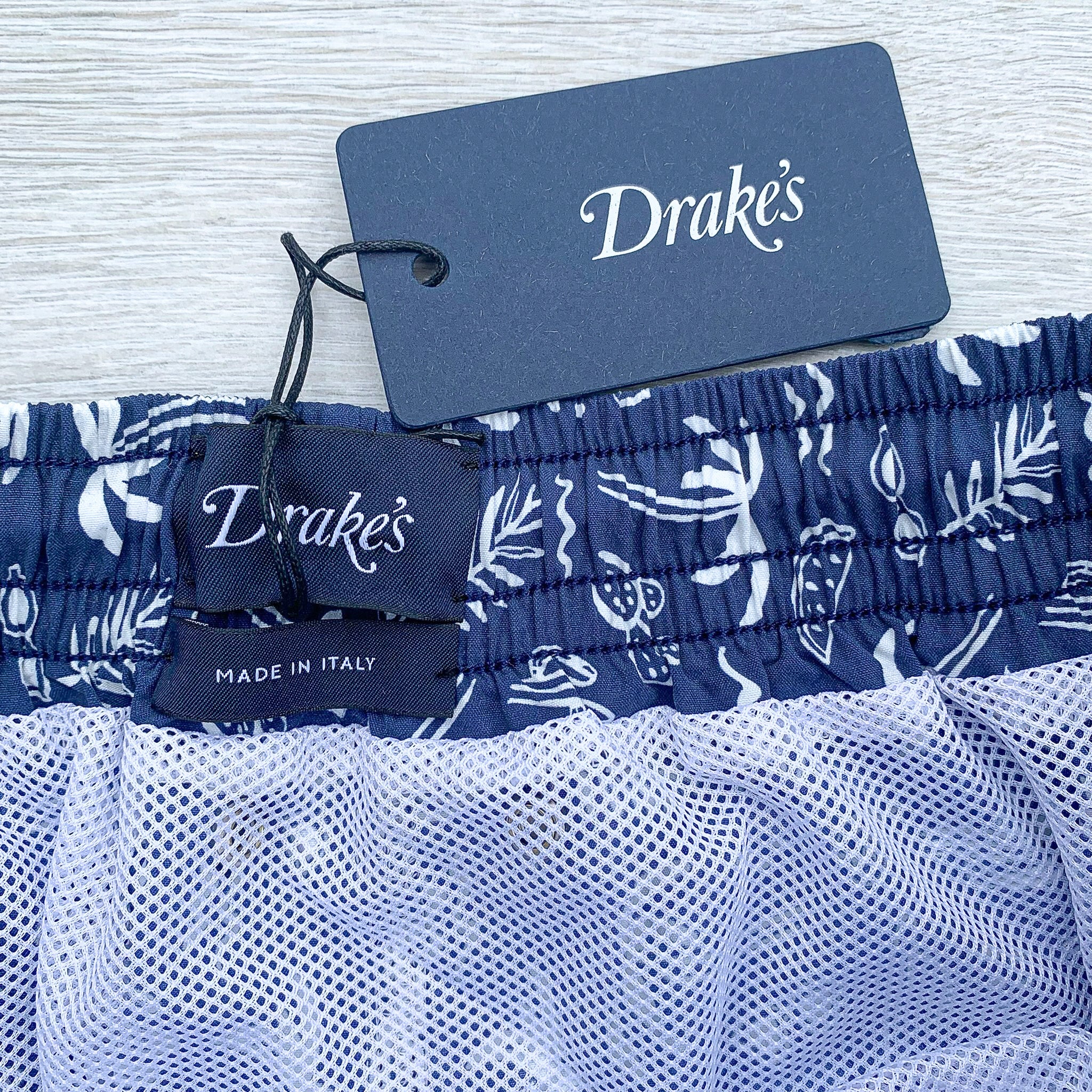 Drake's Navy Swim Shorts With White Palm Tree Holiday Print - House Of Huntington