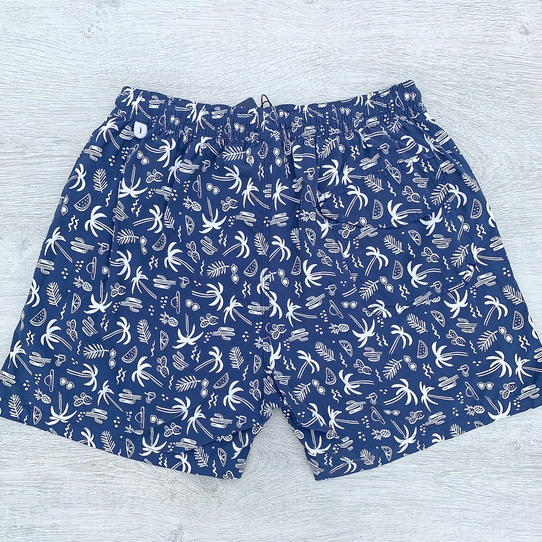 Drake's Navy Swim Shorts With White Palm Tree Holiday Print - House Of Huntington