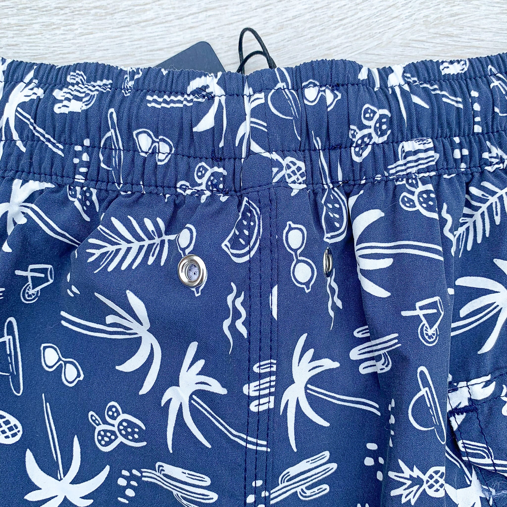 Drake's Navy Swim Shorts With White Palm Tree Holiday Print - House Of Huntington