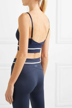 VAARA Navy Margaux Striped Stretchy Breathable Gym Sports Bra Top - House Of Huntington