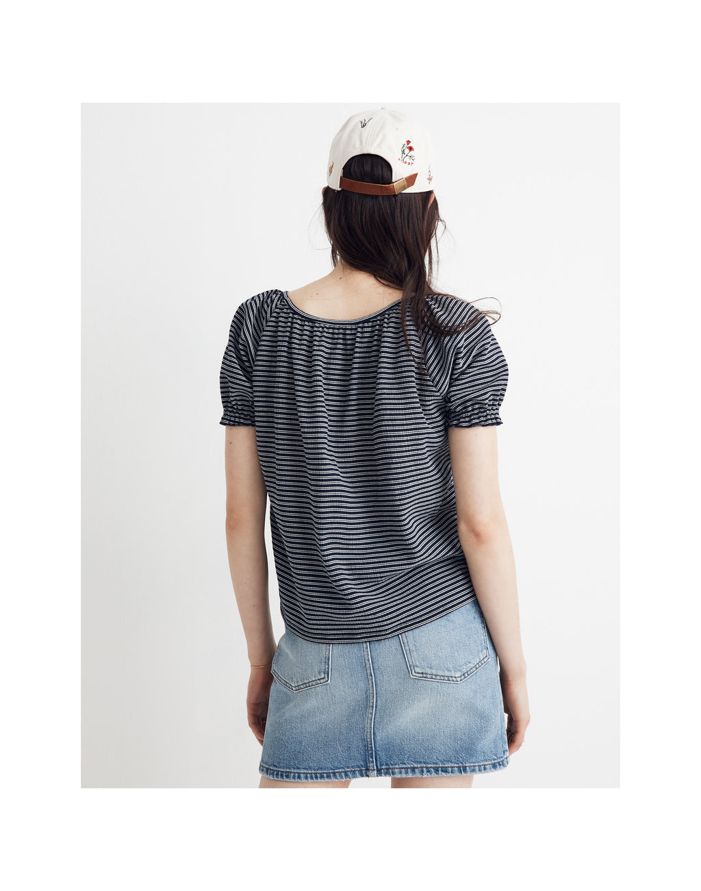 MADEWELL - Haut paysan texturé et filé à rayures bleu marine et blanc