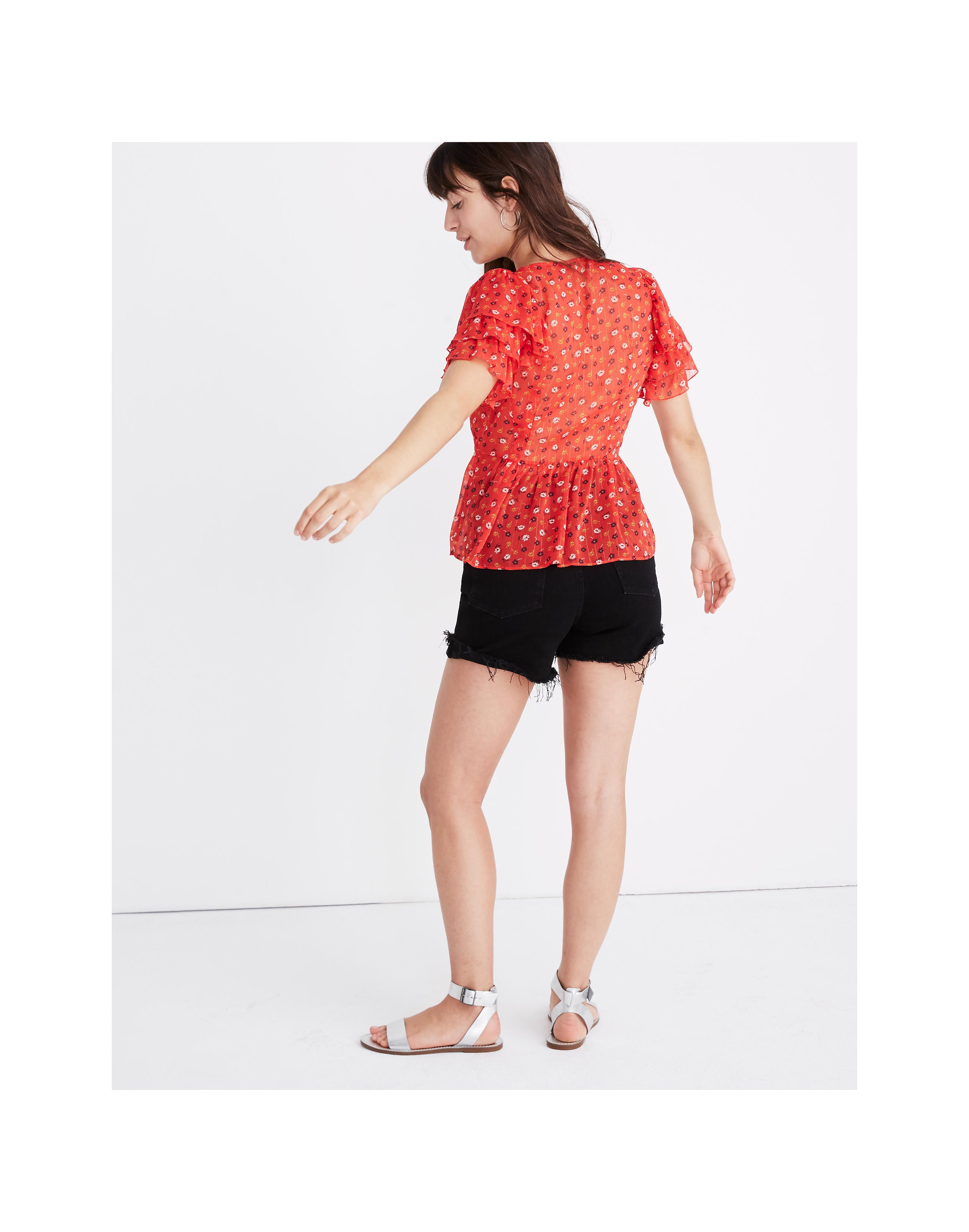 Czerwony top peplum z warstwowymi rękawami MADEWELL w kwiaty