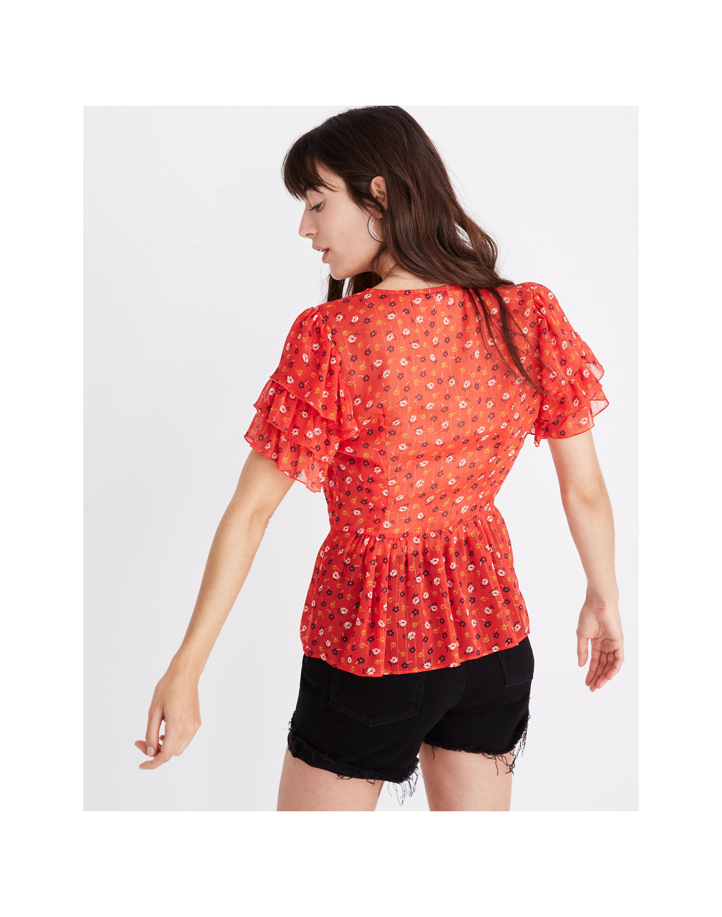 Czerwony top peplum z warstwowymi rękawami MADEWELL w kwiaty