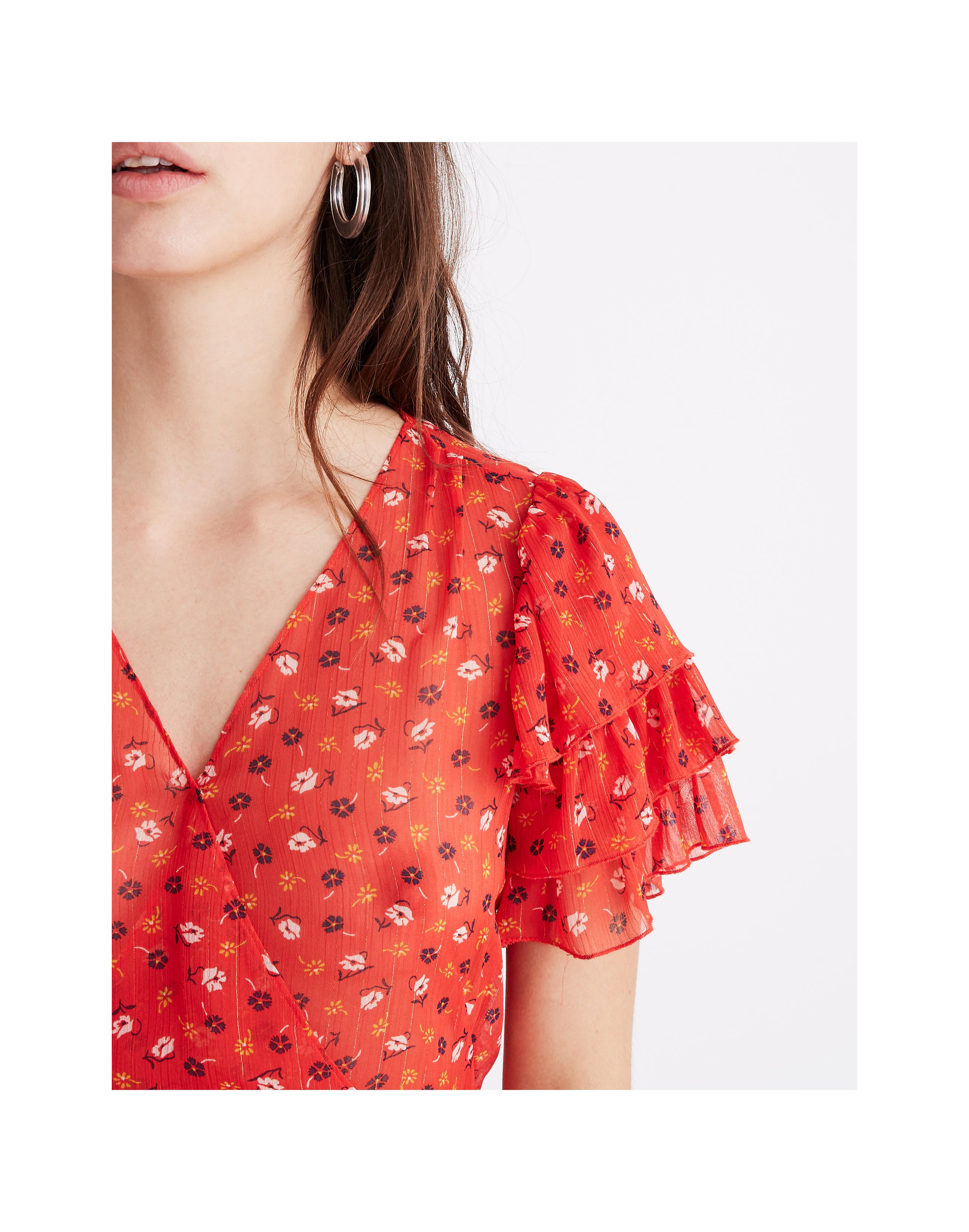 Czerwony top peplum z warstwowymi rękawami MADEWELL w kwiaty