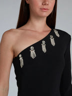 DAVID KOMA Black Dangly Crystal Embellished One Shoulder Dress - House Of Huntington
