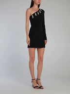 DAVID KOMA Black Dangly Crystal Embellished One Shoulder Dress - House Of Huntington