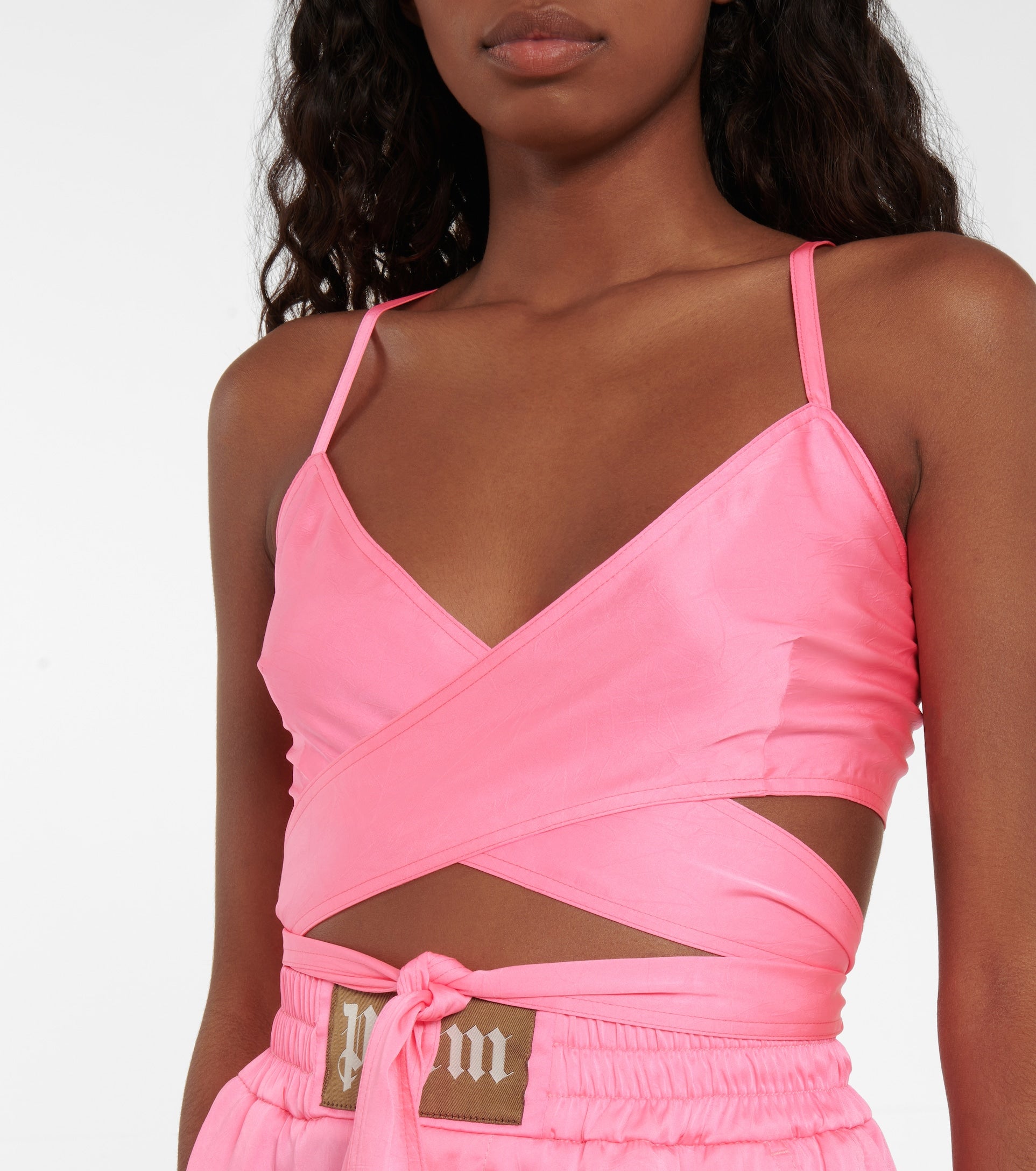 PALM ANGELS Rosa Satin-Wickel-Crop-Top zum Binden