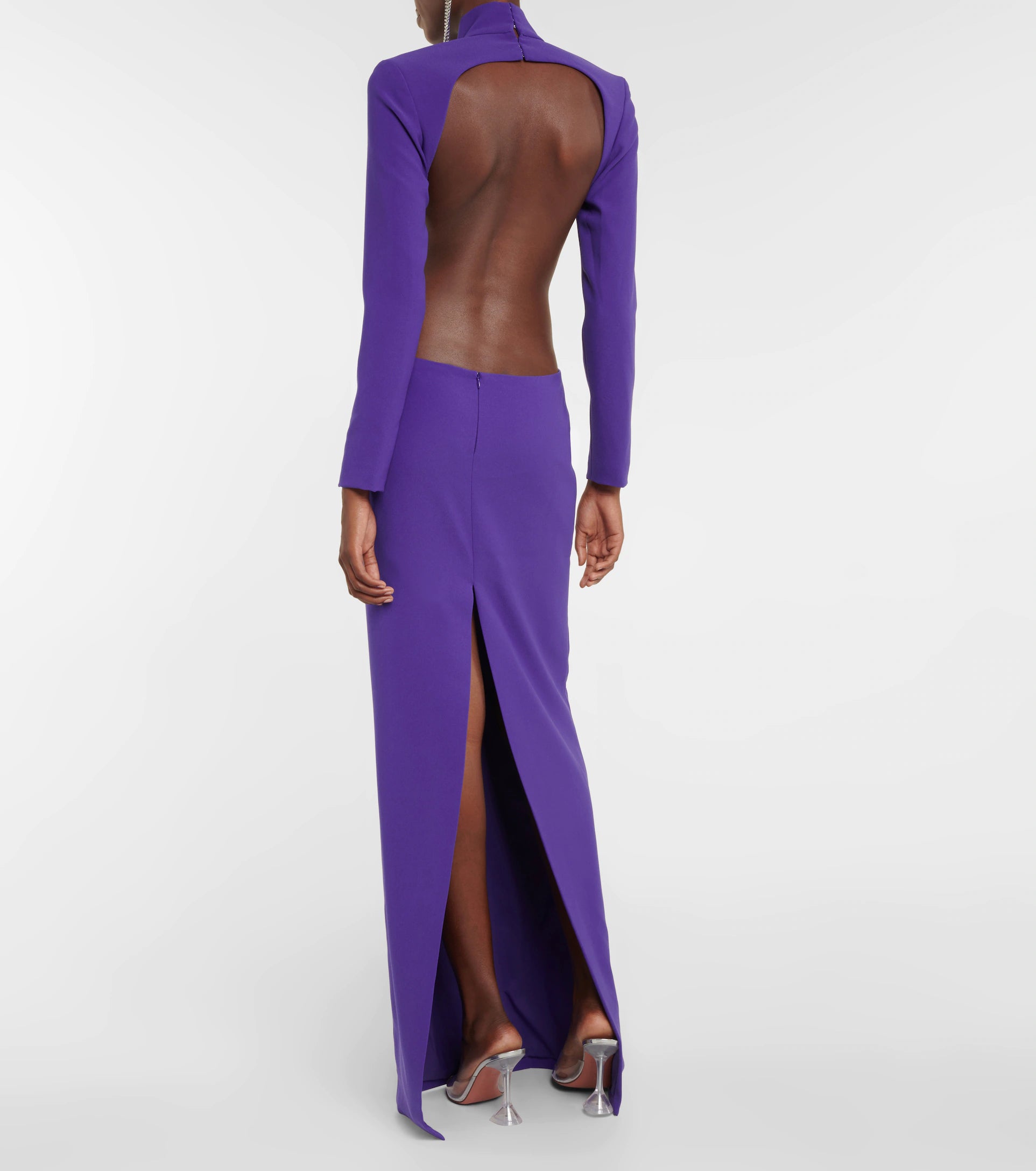 MONOT Cut Out Sides Backless High Neck Slit Leg Purple Crêpe Gown - House Of Huntington