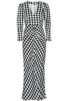 Rixo London Ziggy Houndstooth White Black Print V-Neck Satin Slit Leg Midi Dress - House Of Huntington