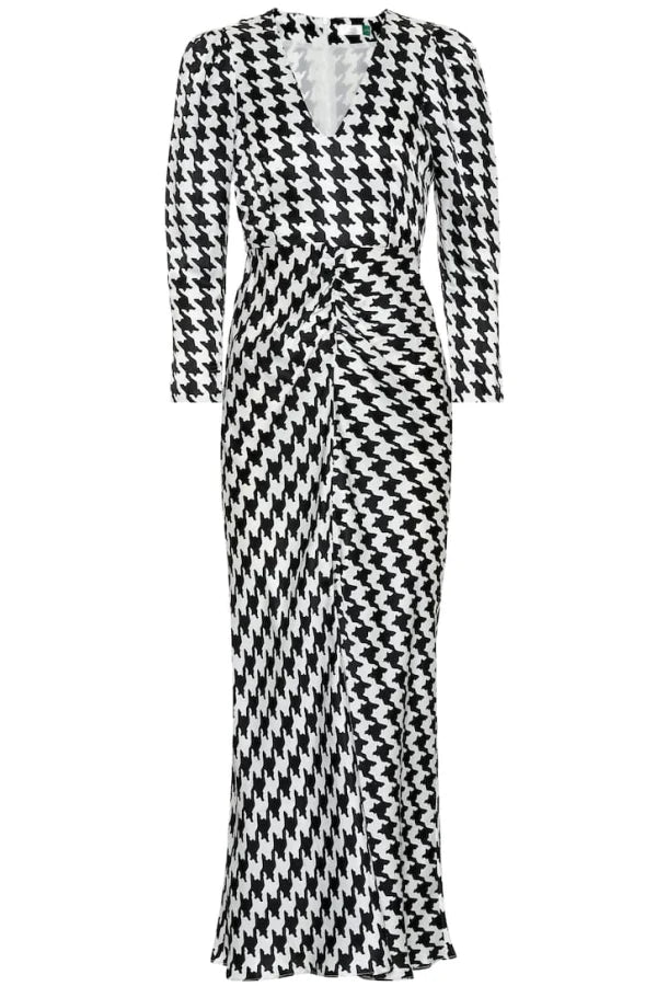 Rixo London Ziggy Houndstooth White Black Print V-Neck Satin Slit Leg Midi Dress - House Of Huntington