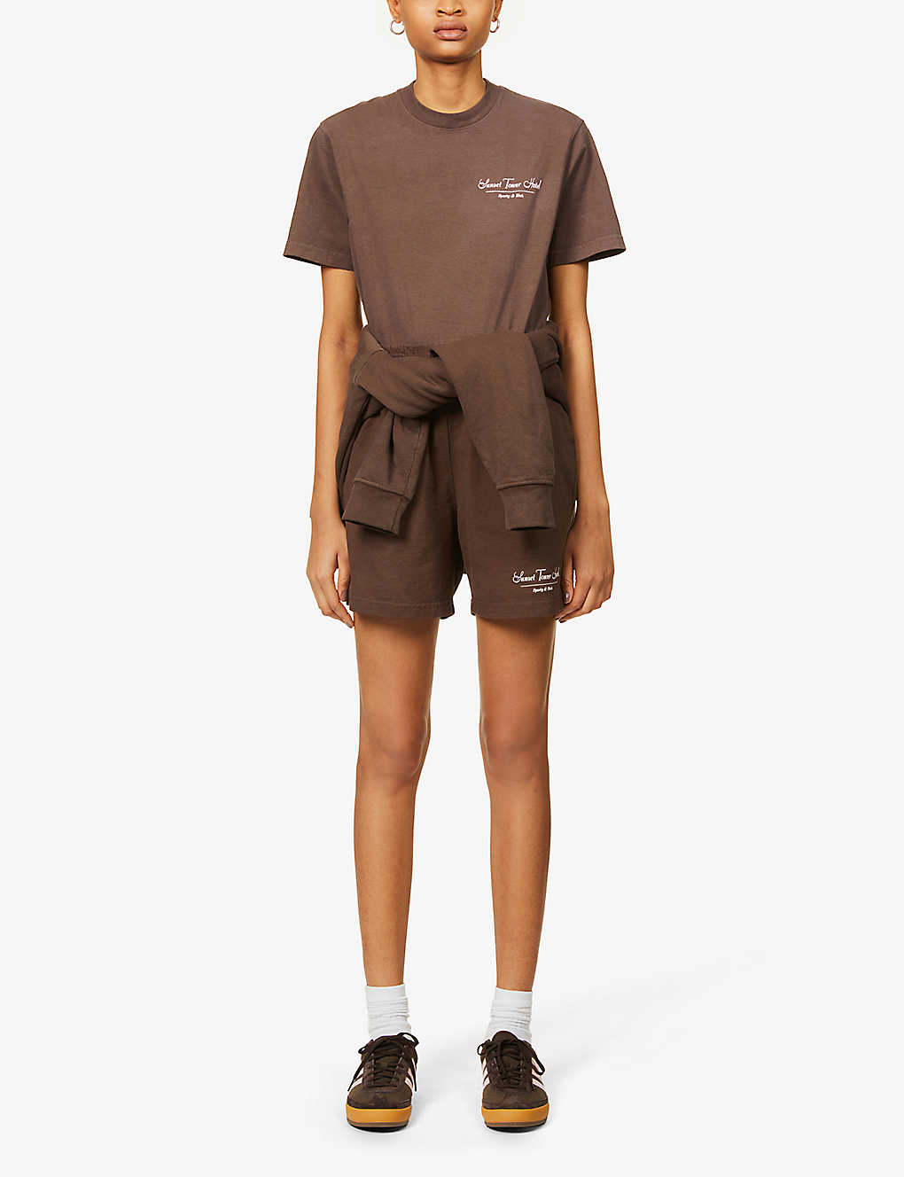 SPORTY & RICH Sunset Tower Hotel Chocolate Brown Gym Shorts - House Of Huntington