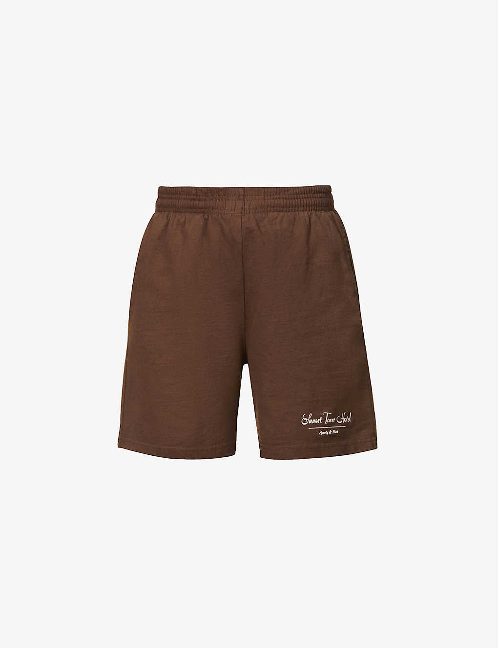 SPORTY & RICH Sunset Tower Hotel Chocolate Brown Gym Shorts - House Of Huntington