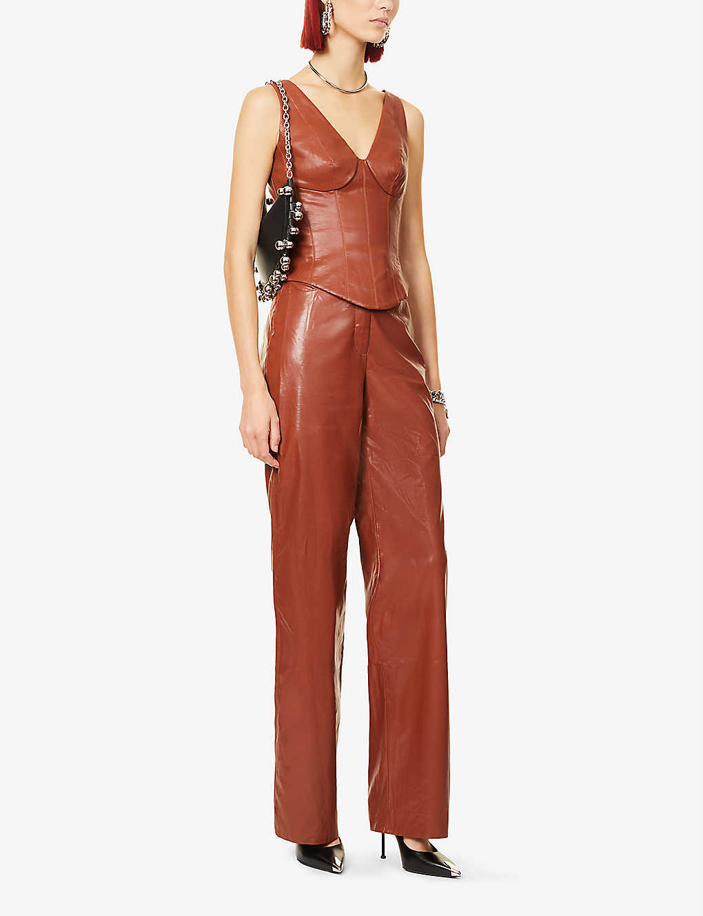 Rozie Corsets V Neck Brown Faux Leather Corset Top - House Of Huntington