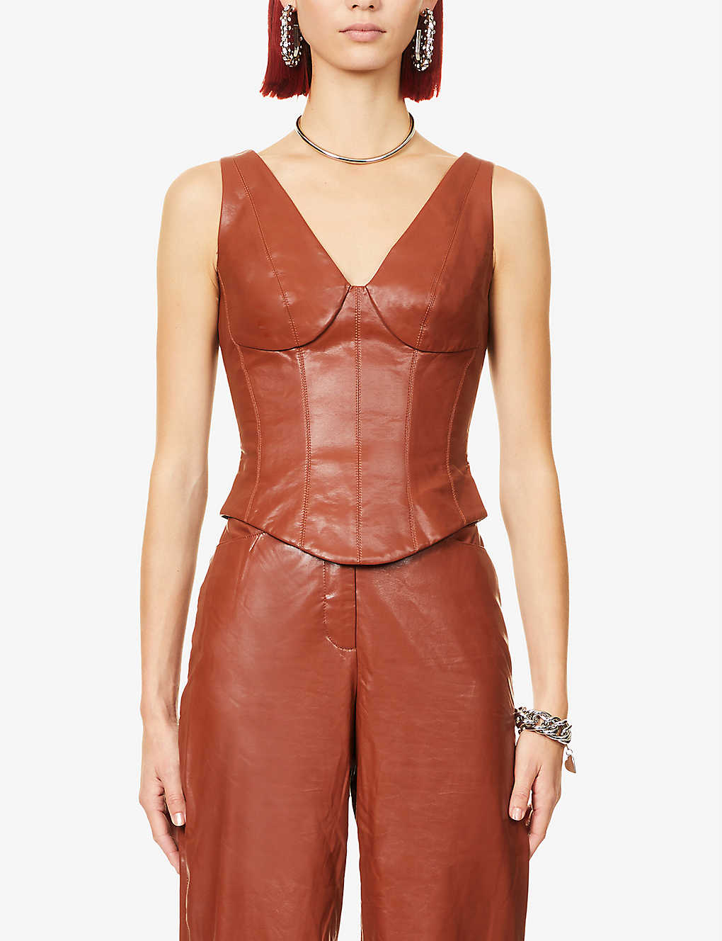 Rozie Corsets V Neck Brown Faux Leather Corset Top - House Of Huntington