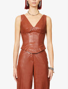 Rozie Corsets V Neck Brown Faux Leather Corset Top - House Of Huntington